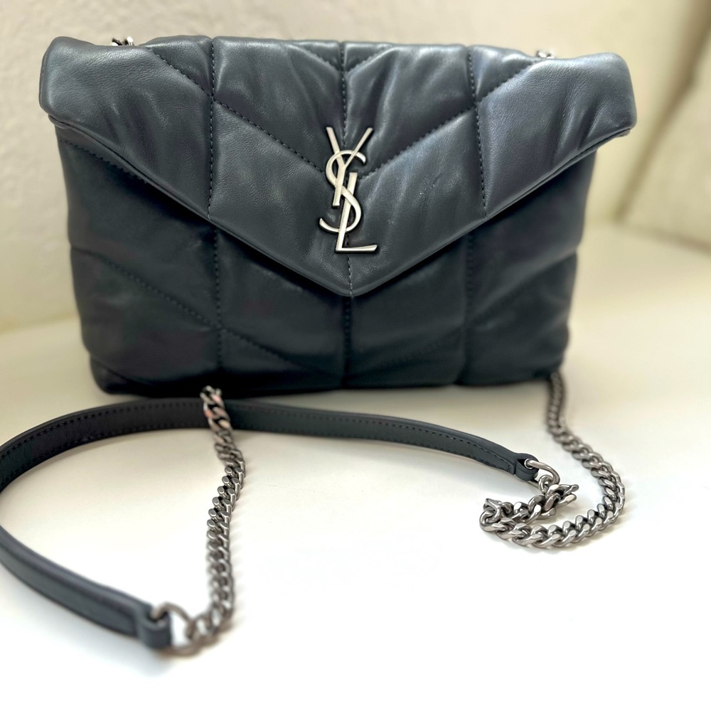 Saint Laurent Puffer Dark Gray Quilted Envelope Crossbody with Silver Hardware